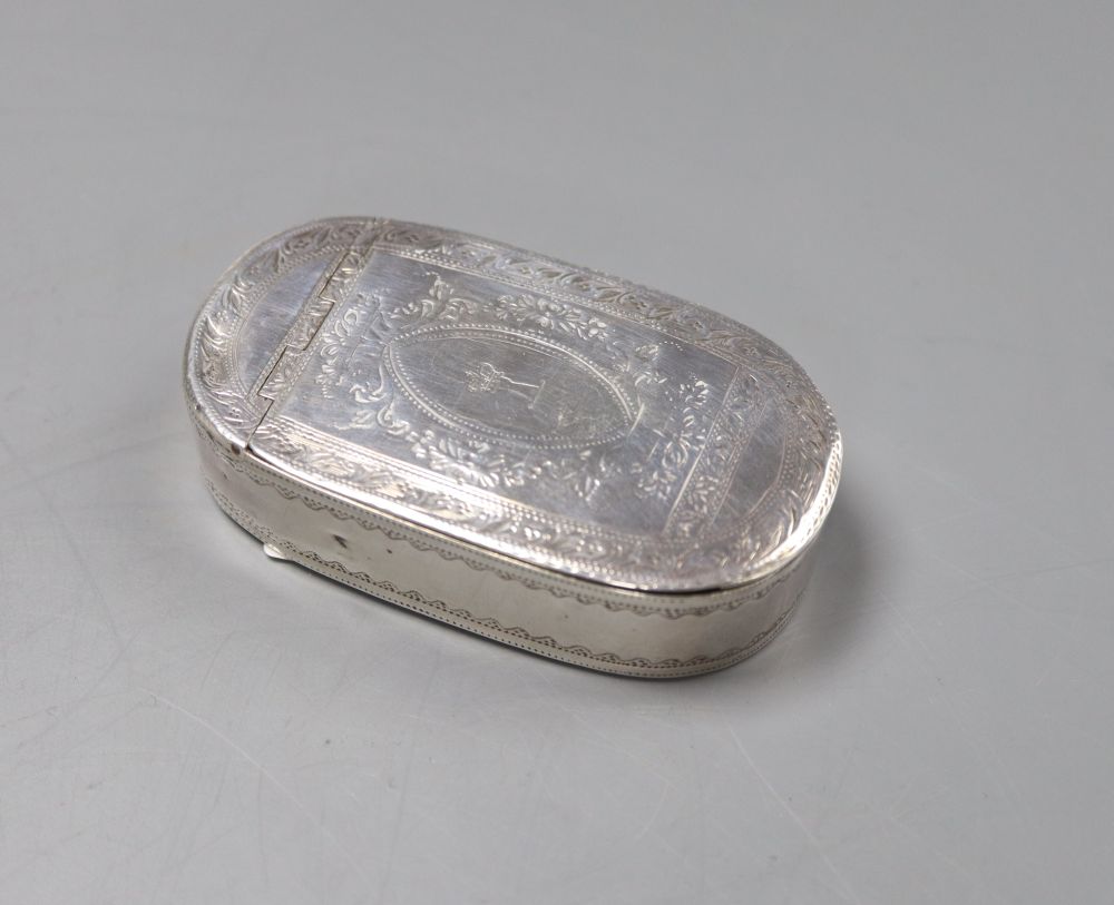 A George III oblong silver snuff box, with bright cut engraving, London 1795, makers mark rubbed, 7.25cm